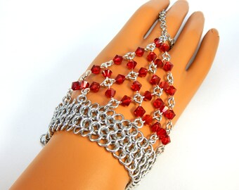 Chainmaille Jewellery, Chainmail Bracelet, Slave Bracelet, Hand Flower, Red Swarovski Crystal