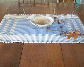 Autumn Fall Winter Harvest Table Runner Wool Mat, Blue Hand Woven Hygge Primitive Rustic Home Decor French Country Farmhouse Kitchen Decor