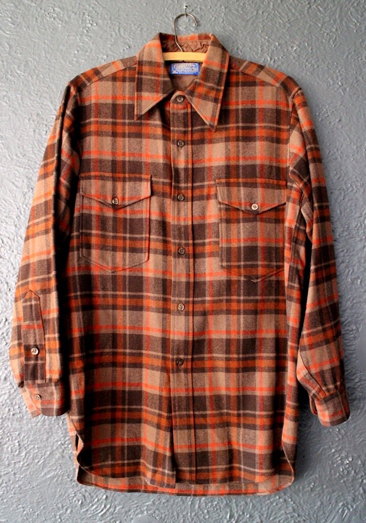 Men's Pendleton Flannel Shirt Wool Brown Orange Plaid