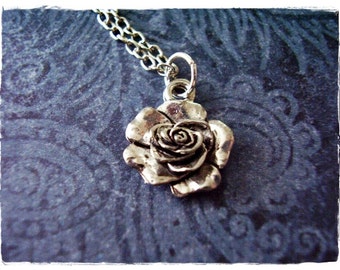 Silver Rose Necklace - Antique Pewter Rose Charm on a Delicate Silver Plated Cable Chain or Charm Only