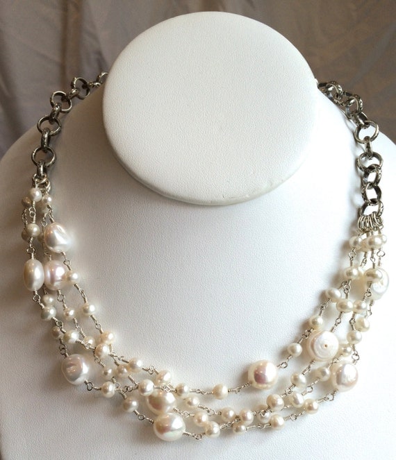 Wire Wrapped Pearl NecklaceMultiple Strand White Freshwater