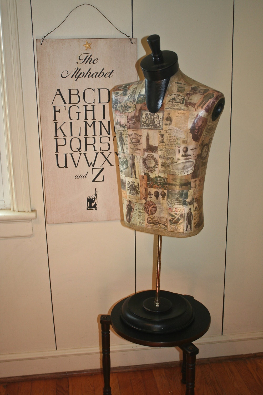 Vintage Male Dress Form Mannequin Table Top Decoupaged Painted