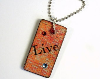 Decoupaged Keychain Rectangle Wood Key Chain Swarovski Crystal Embellished Orange Red Gift for Her Under 10