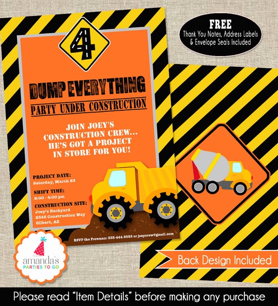 Construction Party Invitation | Construction Birthday Invitation | Construction Invitation | Dump Truck Party Invite | Amandas Parties To Go Il_570xn