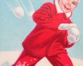 Snowball Fight! Original Christmas Card Art, Vintage Painting for Norcross Greeting Cards, Boy Playing in Snow