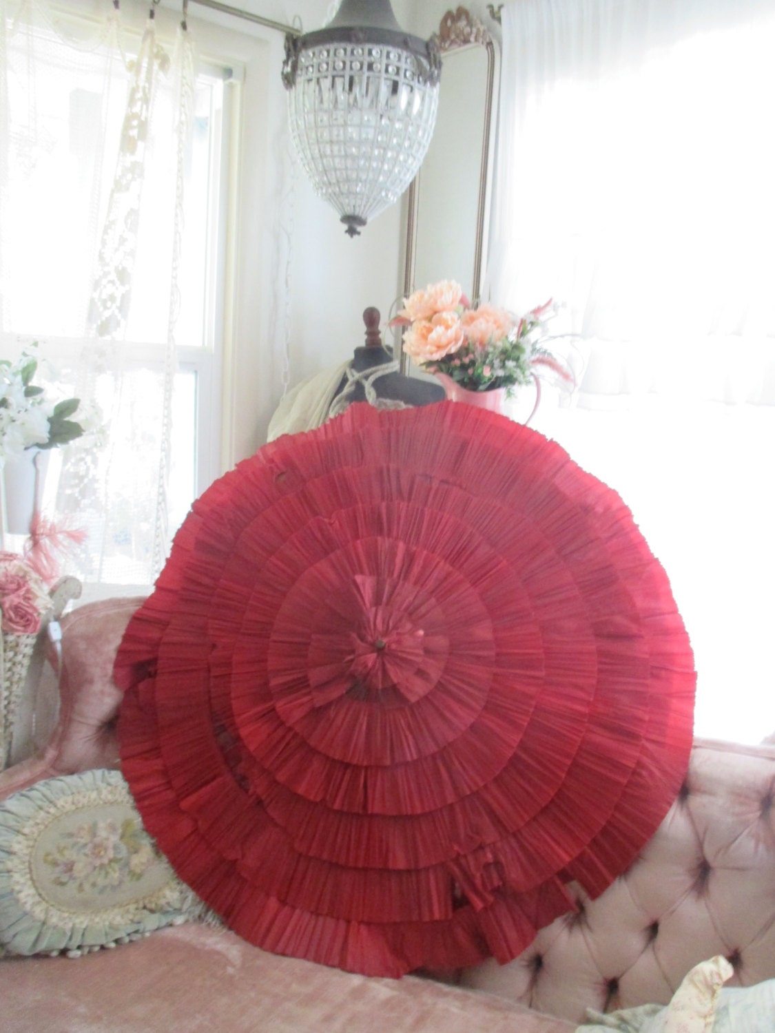 Antique Vintage Ruffled RED Crepe Paper Umbrella Parasol