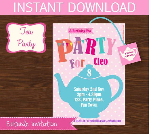 Tea Party Invitation DIY Printable Kit INSTANT DOWNLOAD