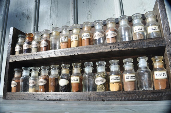 Countertop Spice Rack With Antique Spice Jars - Distressed and Aged