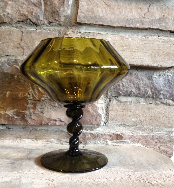 Vintage Green Glass Vase Pedestal Bowl Barley Twist Stem