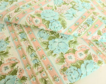 Thibaut Floral and Stripes Fabric S creen Print in Pinky Peach, Blue 