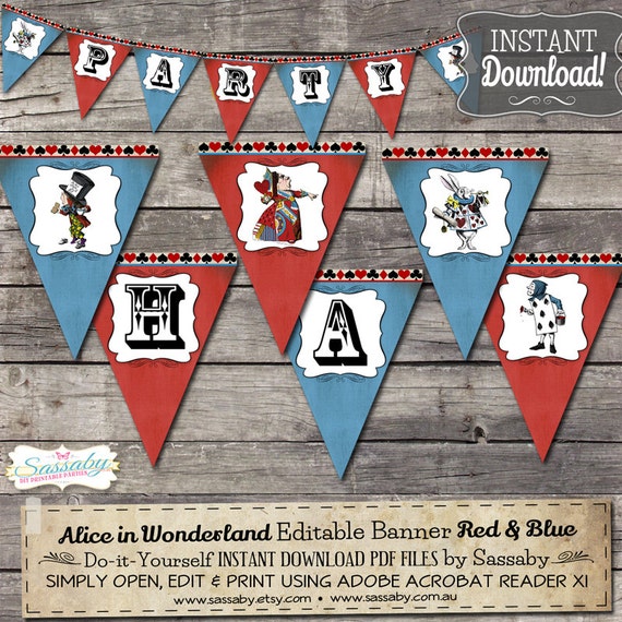 Alice in Wonderland Party Banner - INSTANT DOWNLOAD - Editable & Printable Birthday Decoration by Sassaby Il_570xn