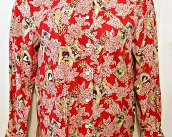 Victorian/Cameo Print/Lace Collar/Blouse/Hipster/Size 6/Red/Magazine/Toile