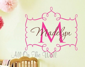 Nursery Wall Decal Baby Girl Name Monogram Initial Frame Custom Vinyl Lettering Wall Art Shabby Chic
