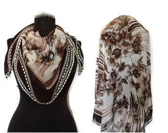 Brown Grandmother SHAWL, Floral Print Scarf,Bridal Scarf,Authentic, Romantic, Fashion, 1985s Vintage Scarf