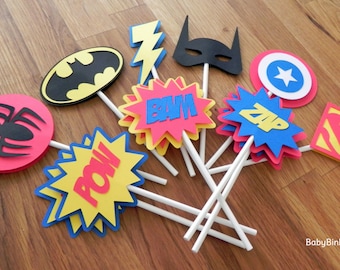 Die Cut Super Hero Cupcake Toppers - superhero batman captain america spiderman superman comic phrases birthday party decorations wedding