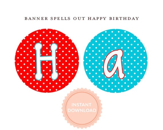 INSTANT DOWNLOAD, BOUNCE House Banner: Happy Birthday Banner-Printable-Red & Aqua Polka Dots Il_570xn