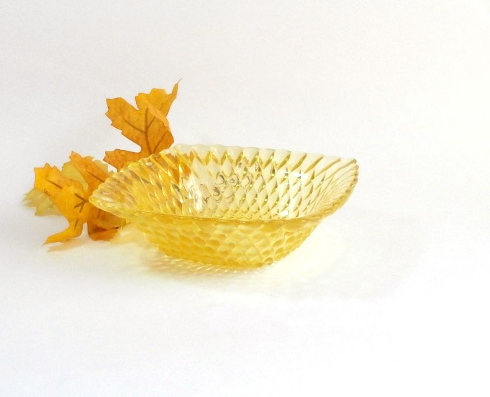Vintage Yellow Pressed Glass Candy Dish Nut Bowl Square Bowl