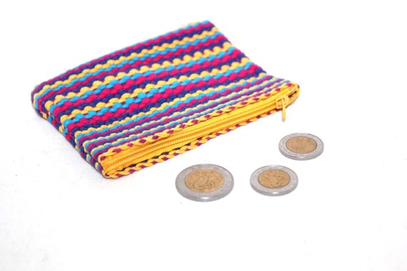 Multicolored Net Woven Coin Purse Mexican Fabric by ThaiHandbags
