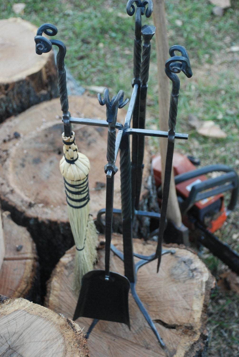 Rams Head Hand Fire Tool Set w Stand and 4 Pc Tool Set