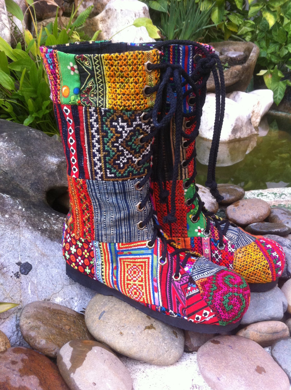 Patchwork Womens Boots Boho Combat In Ethnic Hmong Mid Calf
