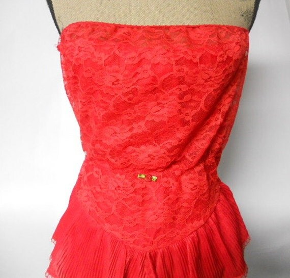Items similar to Vintage Red Chemise Red Lace Teddy Strapless Sexy ...