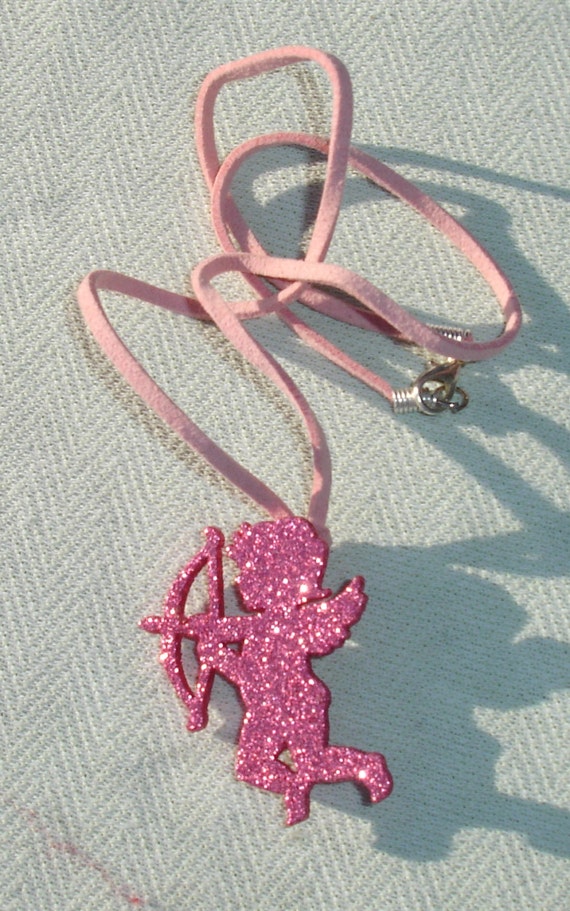 Glittery Pink Cupid Pendant on Pink Suede Cord