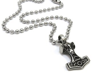 Thors Hammer Pendant, Stainless Steel Ball Chain - Silver Mens Mjolnir Necklace, Mens Jewelry