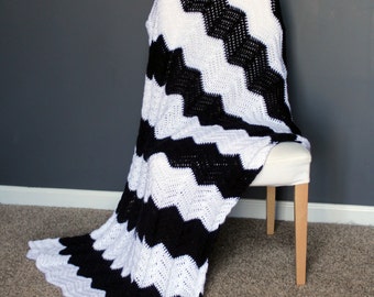 Chevron Afghan Throw Blanket Crochet - Black and White Striped Ripple Zig Zag - Made To Order