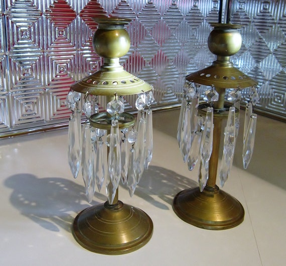 Vintage Brass Candle Holder Crystal Tear Drops Retro