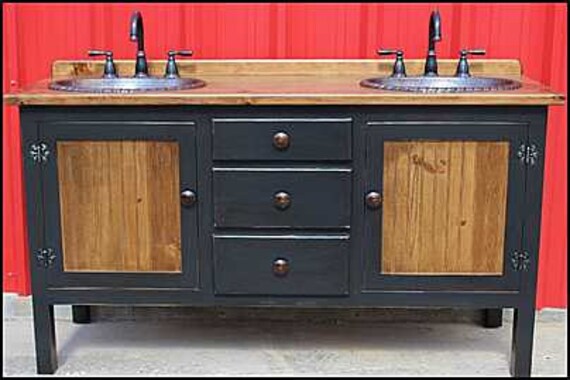 Double Bathroom Vanity - Bathroom Vanity with sink - Copper Sink - 62" - Black - Bathroom Vanities - Rustic Bathroom Vanity - Sink - Sinks