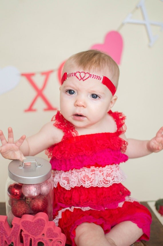 Valentine Lace Romper and Rhinestone Heart Headband Set