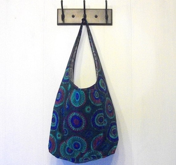 Green Flower Fabric Tote Bag Hobo Slouch Style by homesewnbykate