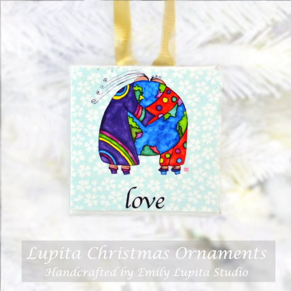 Christmas Ornament: LOVE Design Handmade - Holiday Gift Christmas Present Christmas Tree Decoration Girl Angels Watercolor