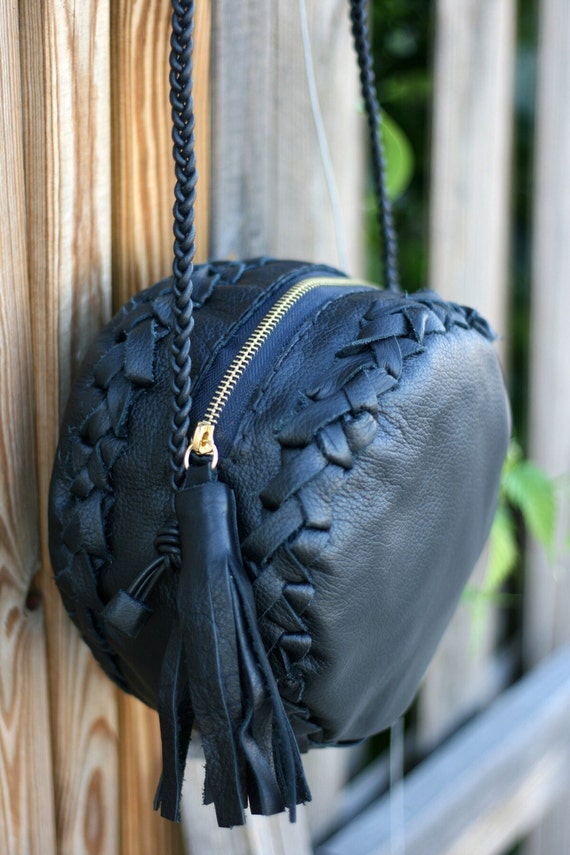 Black Round Leather Bag Purse with Tassel Handmade Bag