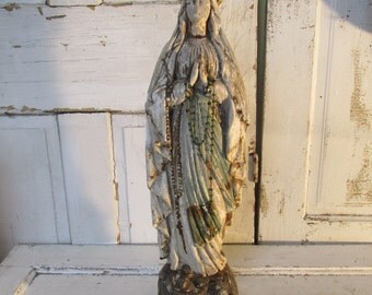 Antique Virgin Mary plaster statue aged patina with handmade crown old ...