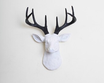Fake Deer Head - The MINI Maud - White W/ Black Antlers Resin Deer Head- Stag Resin White Faux Taxidermy