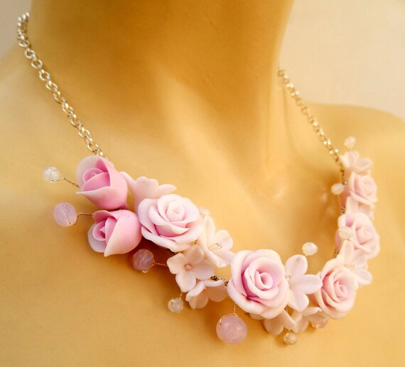 Pink Roses Flower Necklace Romantic Necklace Pink by insoujewelry