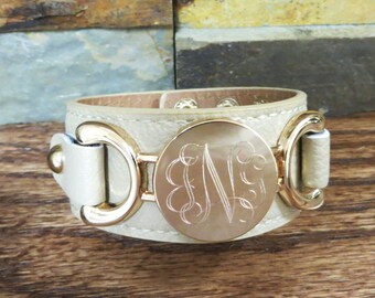 Monogrammed Bracelet - Beige with Gold Initial Bracelet- Personalized- Gifts for Women - Girls- Friends Gift- Birthday- Mother's Day