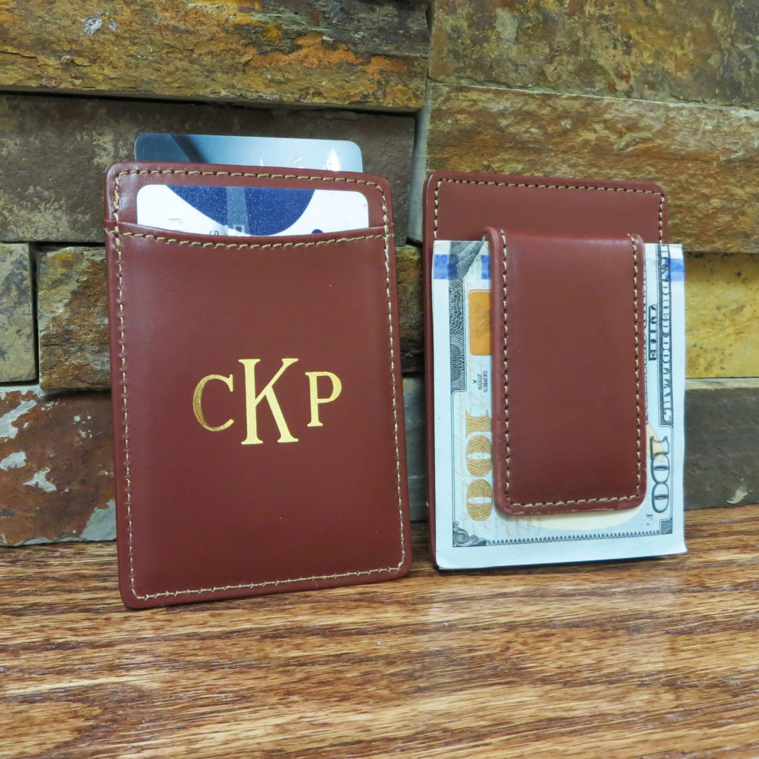Monogrammed Leather Wallet w/ Money Clip Monogram Wallet