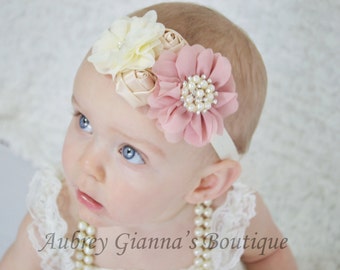 Shabby chic Headband, Vintage Pink Ivory baby Headband,Newborn headband, hair bow,Newborn photo prop, Flower girl headband. Infant Headbands