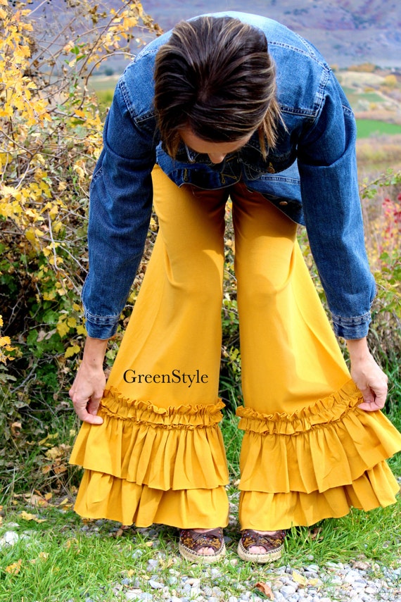 Items similar to Mustard Yellow Willow Ruffle Knit Pants by GreenStyle