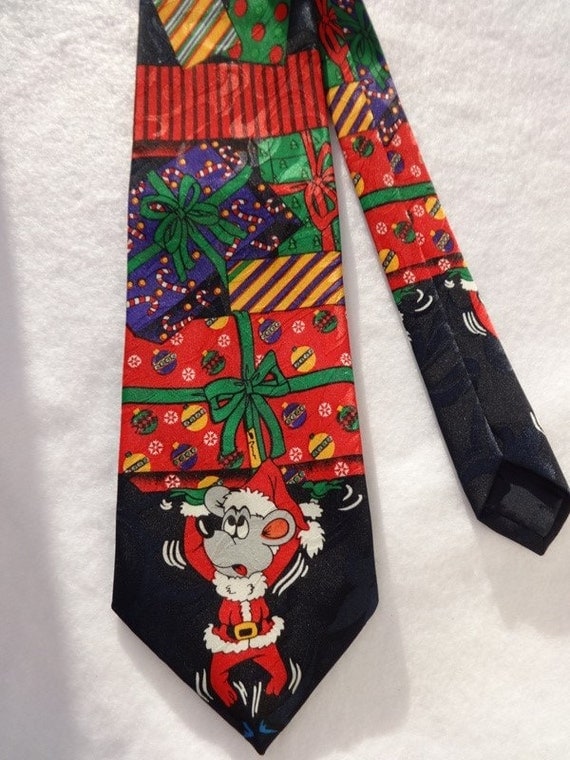 Christmas Necktie w Mouse and Presents Dark Blue Novelty Tie Christmas party favorite Decorated on both sides