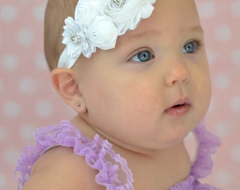 White Baptism Headband, Infant Headband, Newborn Headband, Christening Headband, White Baby Headband, Chiffon and Satin Flower Headband