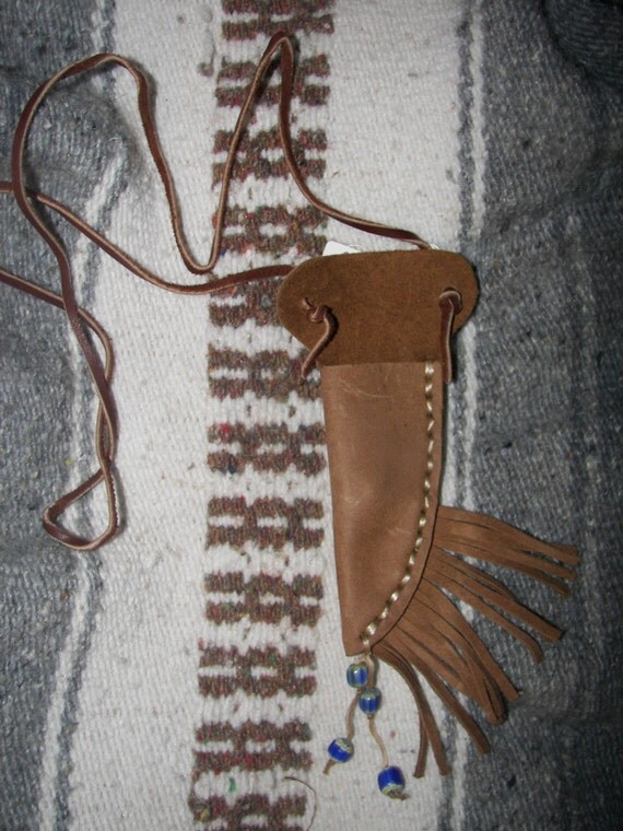 Light Brown Handmade Leather Neck Knife Sheath with Fringes