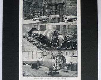 Vintage 1920s Print, Munition Factory Stages of production of a large cannon Gift, Heavy Industry Picture, Available Framed, Military Art