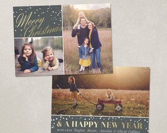 Digital Photoshop Christmas Card Template for photographers PSD Flat card - Gold & Snow CC075