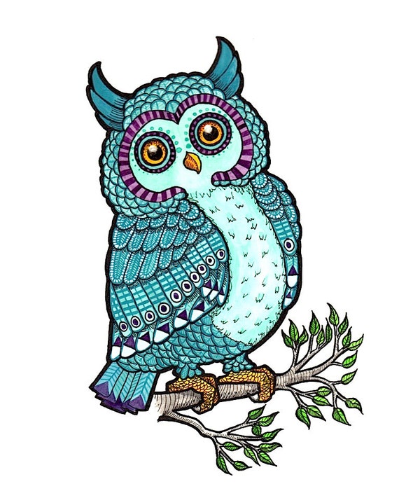 Teal Blue and Purple Owl Art Print Watercolor Painting
