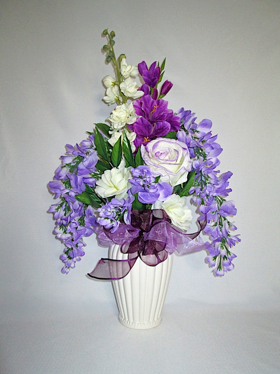 Items similar to Tall Lavender Silk Floral Arrangement in a White Ceramic Vase  Home Decor 