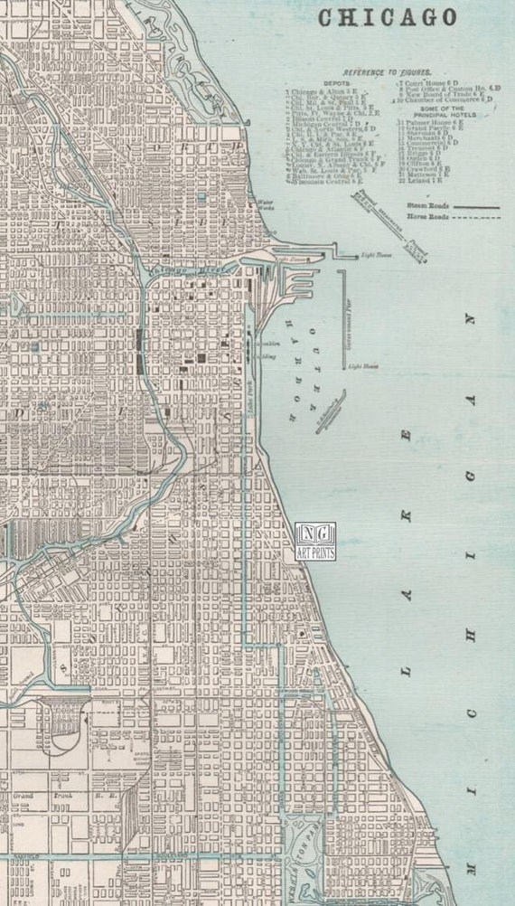 1800s Map of Chicago Antique City Map Vintage Illinois USA