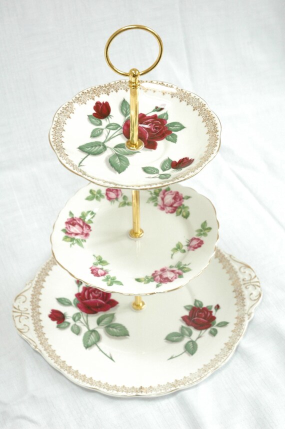 Items similar to Vintage English china, red rose 3 tier cake stand on Etsy